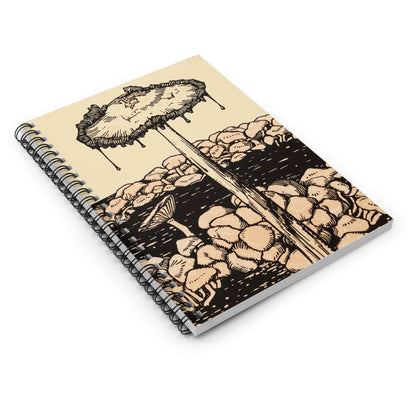 Trippy Mushroom Spiral Notebook Laying Flat on White Surface
