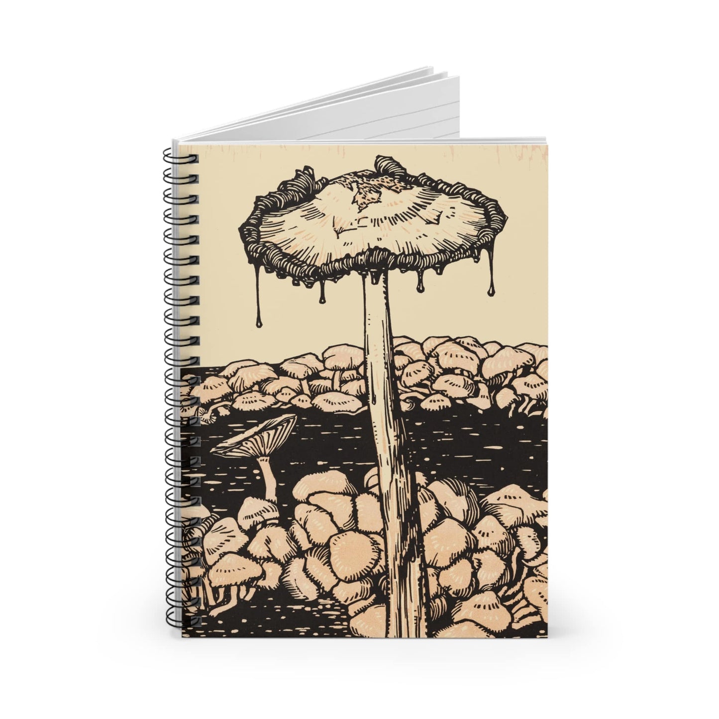 Trippy Mushroom Spiral Notebook Standing up on White Desk