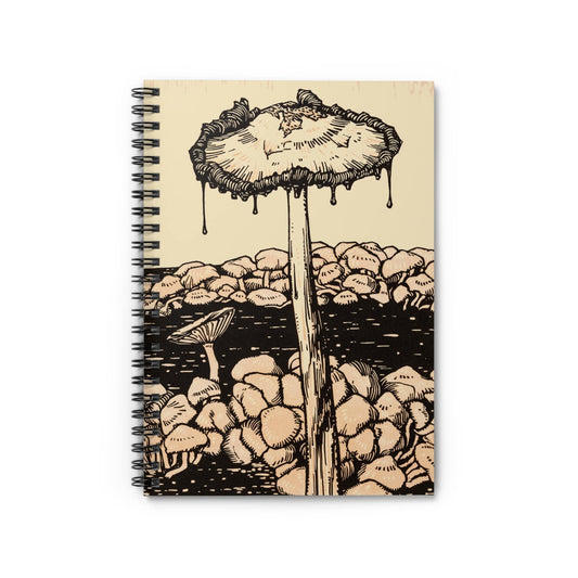 Trippy Mushroom Notebook with dripping mushroom cover, perfect for journaling and planning, featuring trippy mushroom illustrations.