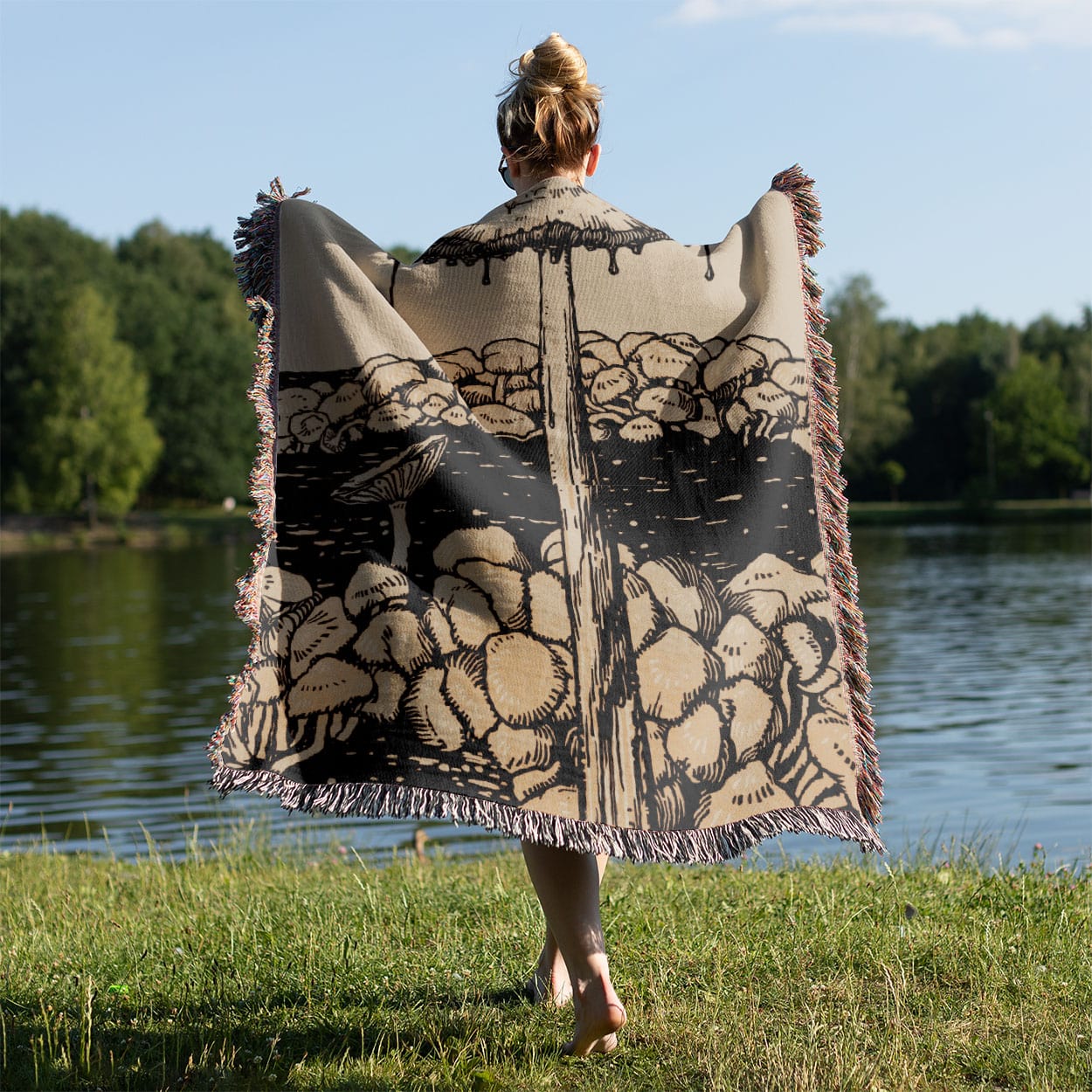 Trippy Mushroom Held on a Woman's Back Outside