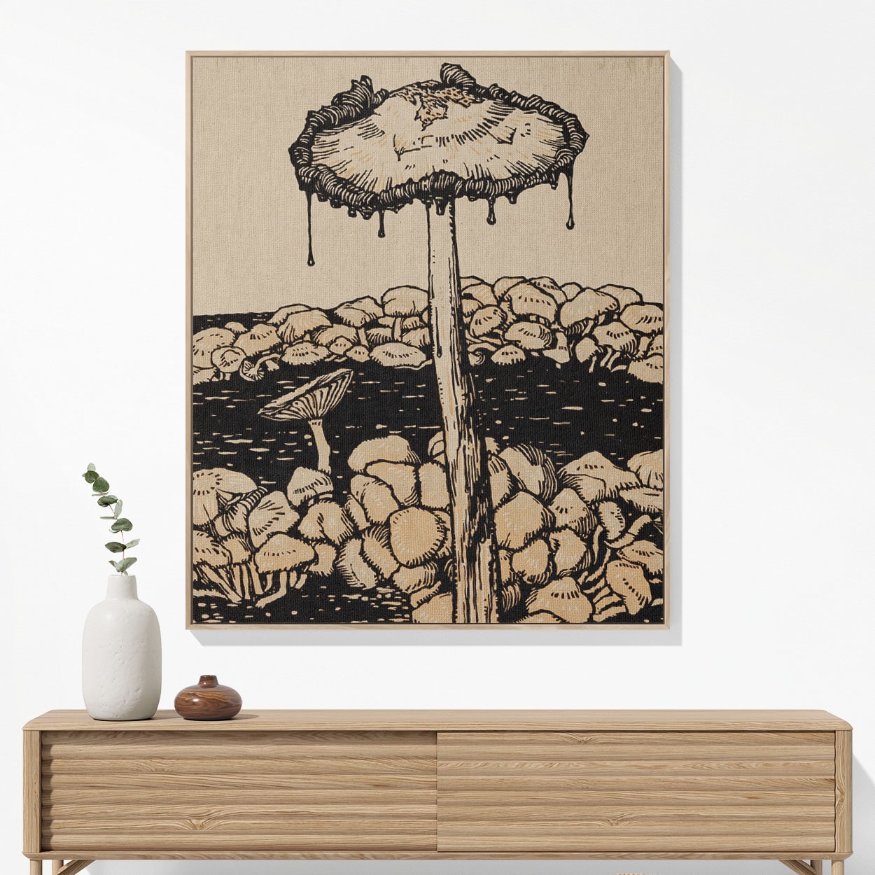 Trippy Mushroom Woven Blanket Hanging on a Wall as Framed Wall Art