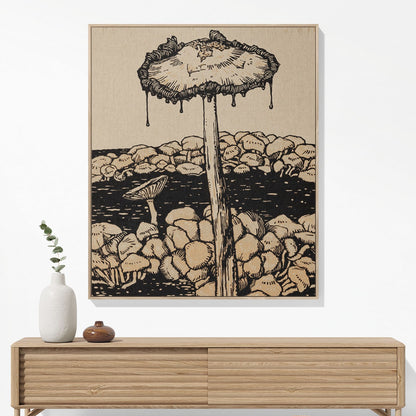 Trippy Mushroom Woven Blanket Hanging on a Wall as Framed Wall Art