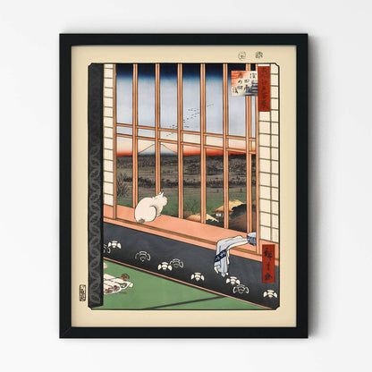Ukiyo-e Cat by the Window Art Print in Black Picture Frame