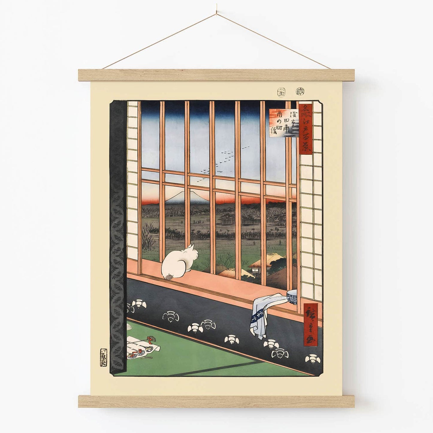 Ukiyo-e Cat by the Window Art Print in Wood Hanger Frame on Wall