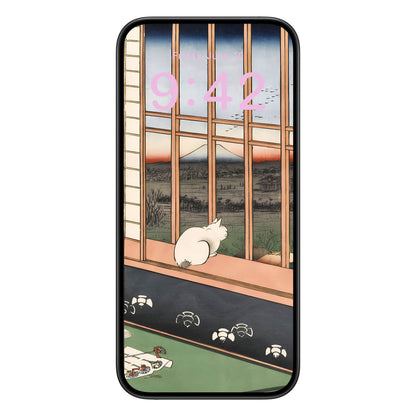 Ukiyo-e Cat by the Window Phone Wallpaper Pink Text