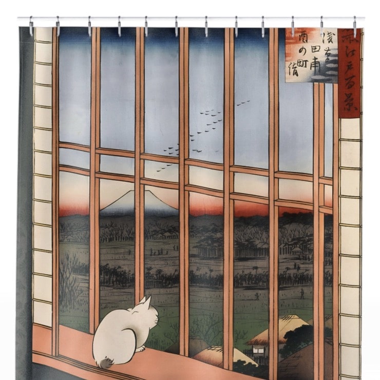 Ukiyo-e Cat by the Window Shower Curtain Close Up, Japanese Shower Curtains