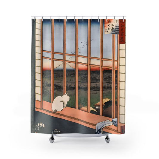 Ukiyo-e Cat Shower Curtain with Japanese cat design, cultural bathroom decor featuring classic ukiyo-e style cats.