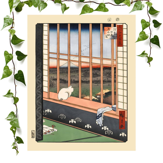 Ukiyo-e Cat by the Window art prints featuring a japanese cat, vintage wall art room decor