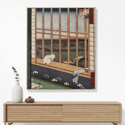 Ukiyo-e Cat by the Window Woven Blanket Hanging on a Wall as Framed Wall Art