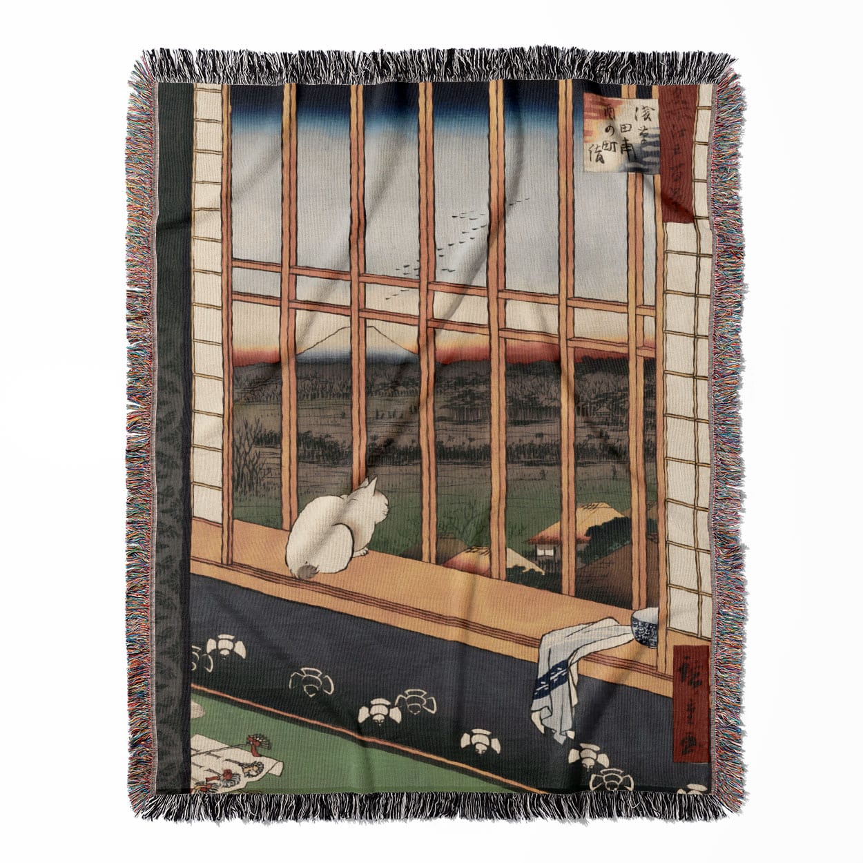 Ukiyo-e Cat by the Window woven throw blanket, made from 100% cotton, presenting a soft and cozy texture with a Japanese cat design for home decor.