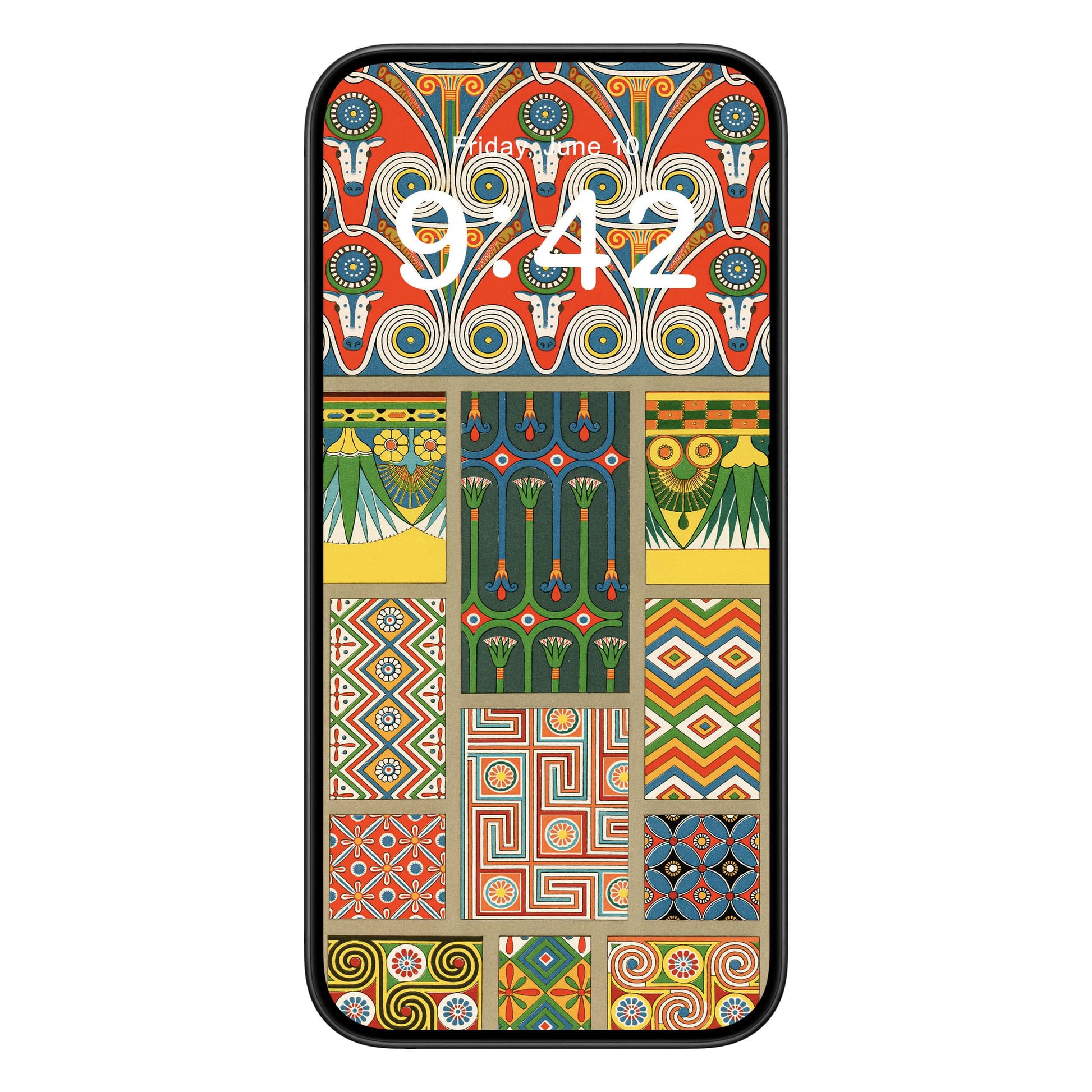 Unique Designs phone wallpaper background with egyptian patterns design shown on a phone lock screen, instant download available.