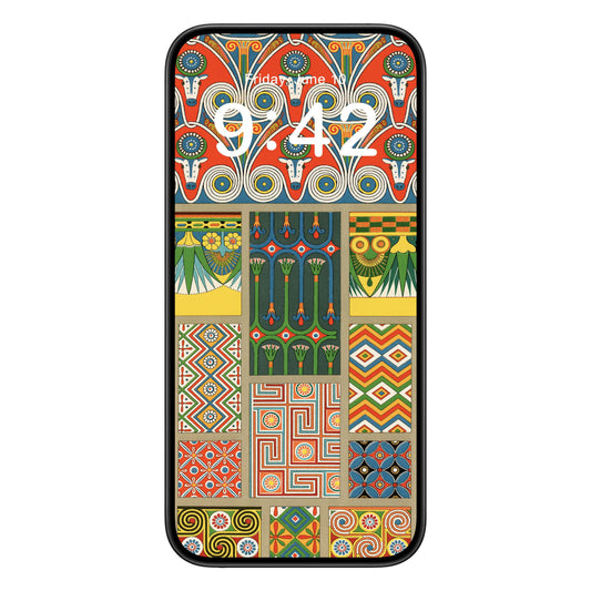 Unique Designs phone wallpaper background with egyptian patterns design shown on a phone lock screen, instant download available.