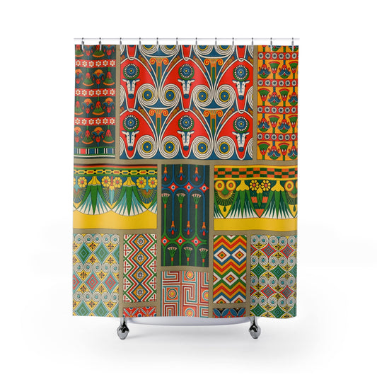 Unique Designs Shower Curtain with Egyptian patterns design, cultural bathroom decor showcasing intricate Egyptian art.