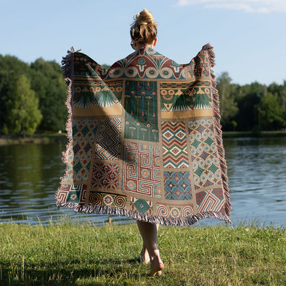 Unique Designs Woven Blanket Held on a Woman's Back Outside