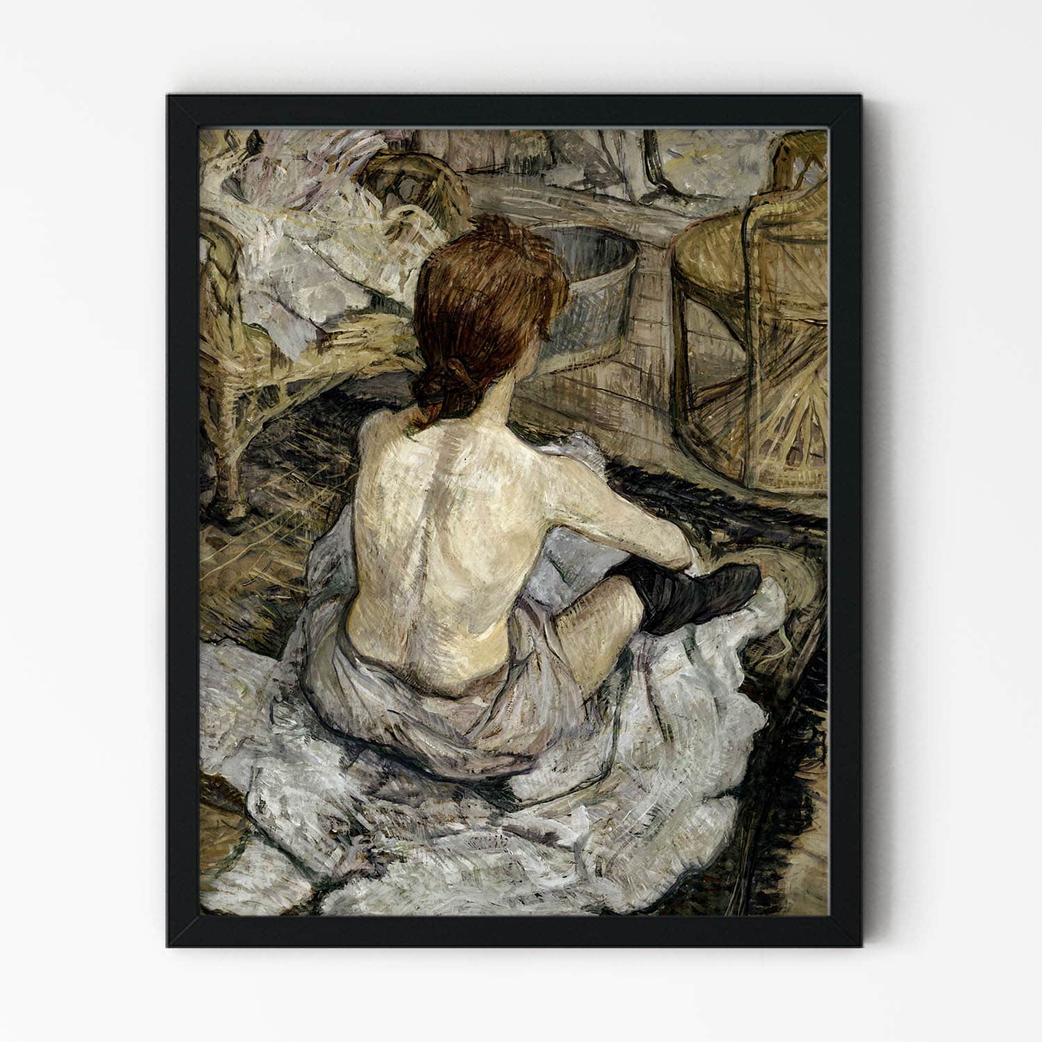 Woman Sitting Without a Shirt Painting in Black Picture Frame