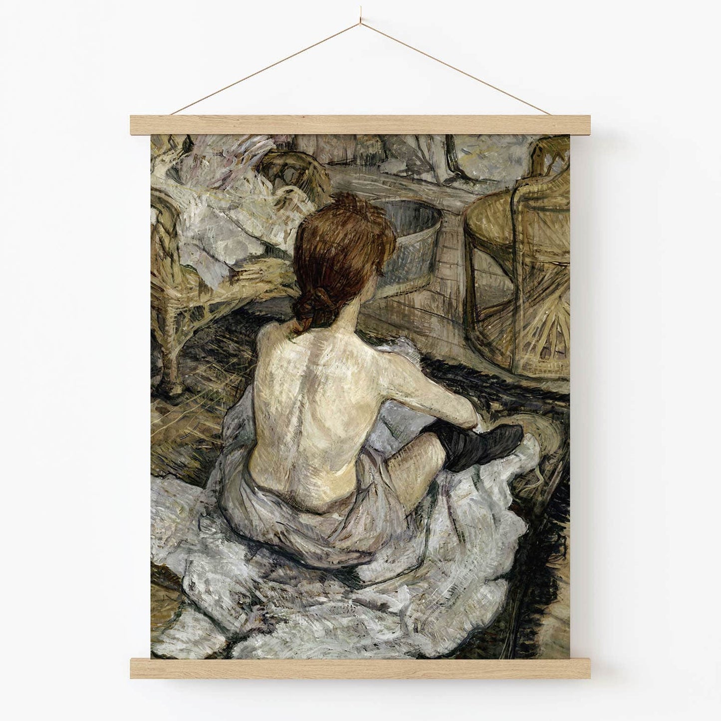 Woman Sitting Without a Shirt Art Print in Wood Hanger Frame on Wall