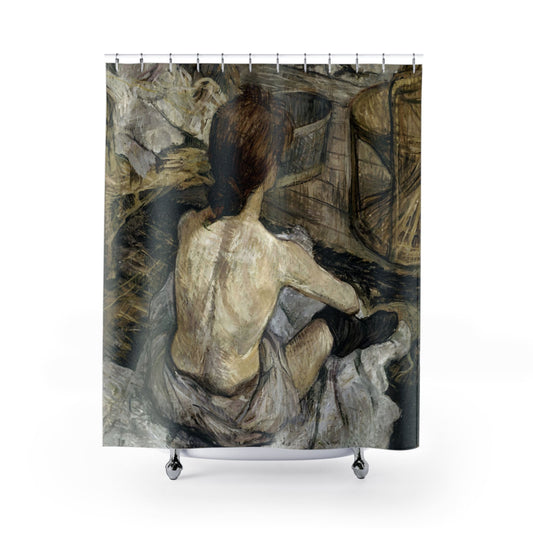 Unique Female Portrait Shower Curtain with Rousse design, artistic bathroom decor featuring unique female portrait art.