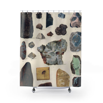 Unique Gemstone Shower Curtain with amber and gems design, decorative bathroom decor featuring unique gemstone patterns.