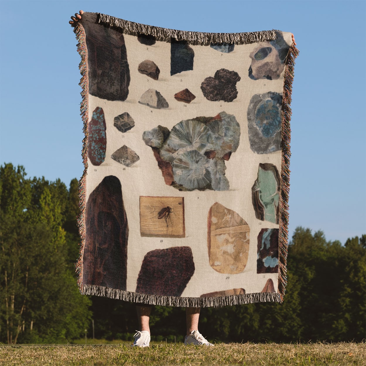 Unique Gemstone Woven Throw Blanket Held Up Outside