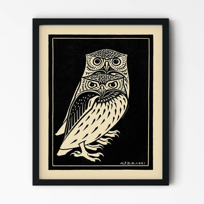 Black and White Owls Drawing in Black Picture Frame