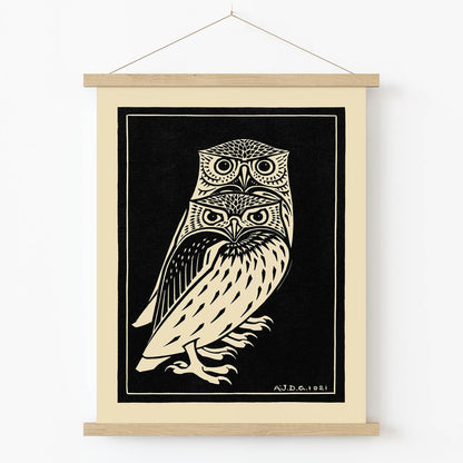 Black and White Owls Art Print in Wood Hanger Frame on Wall