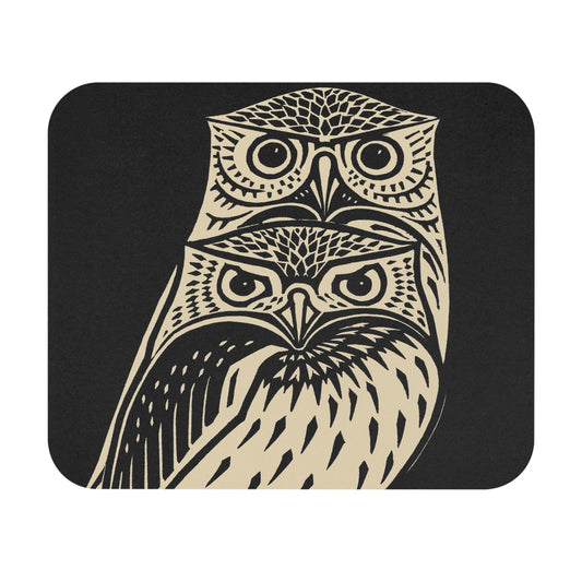 Black and White Owls Mouse Pad featuring owl drawing art, adding a touch of whimsy to desk and office decor.