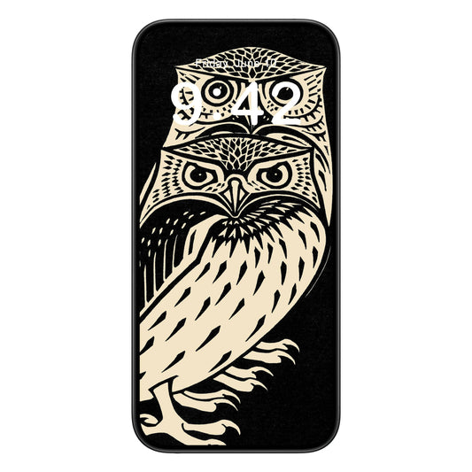 Black and White Owls phone wallpaper background with owl drawing design shown on a phone lock screen, instant download available.
