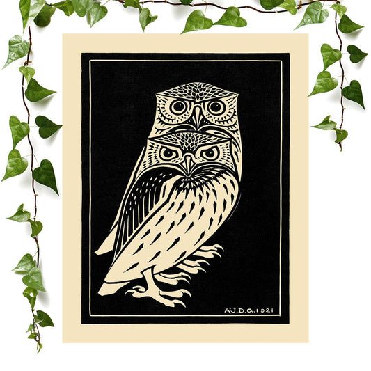 Black and White Owls art prints featuring a owl drawing, vintage wall art room decor