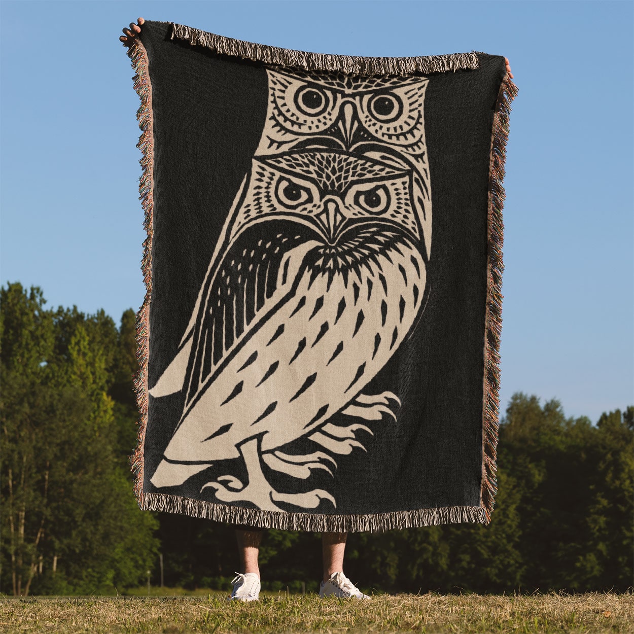 Unique Owl Woven Blanket Held Up Outside