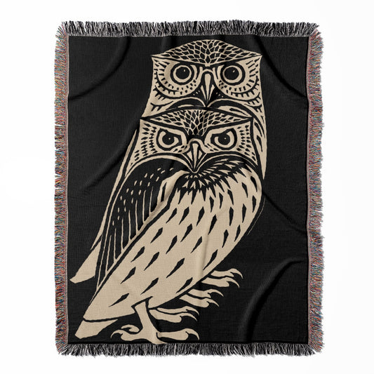 Black and White Owls woven throw blanket, crafted from 100% cotton, offering a soft and cozy texture with an owl drawing for home decor.