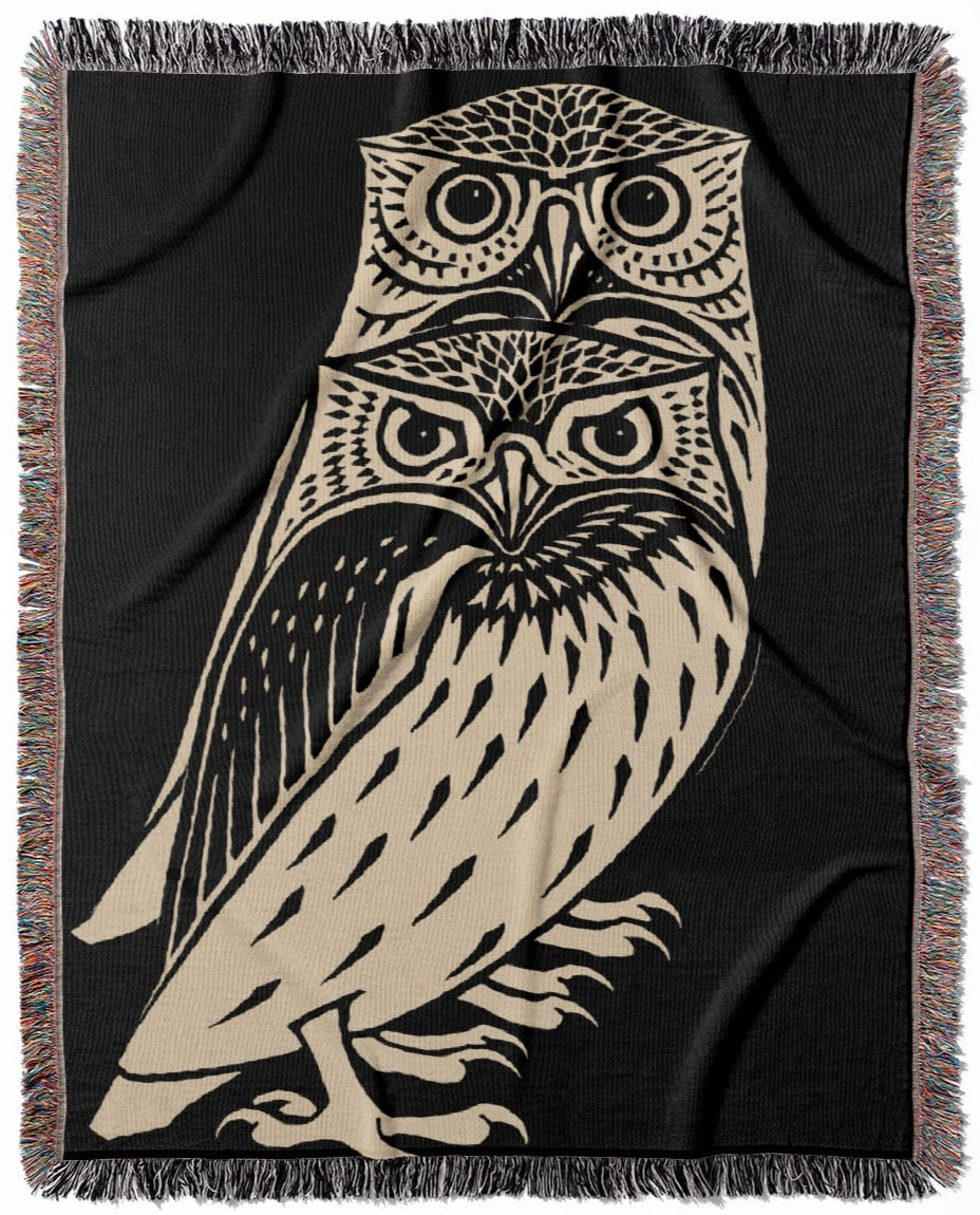 Black and White Owls woven throw blanket, crafted from 100% cotton, offering a soft and cozy texture with an owl drawing for home decor.