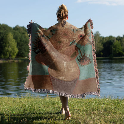 Vase with Flowers Woven Blanket Held on a Woman's Back Outside