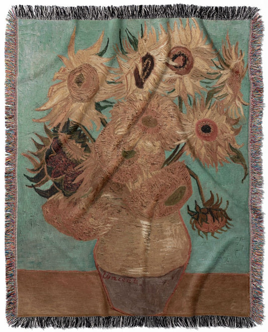 Van Gogh Sunflowers woven throw blanket, made of 100% cotton, featuring a soft and cozy texture with a painting design for home decor.