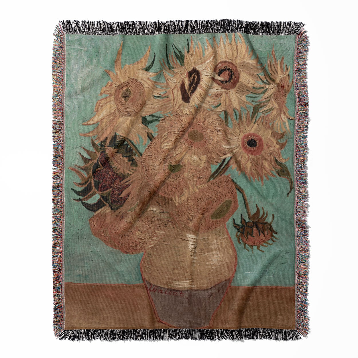 Van Gogh Sunflowers woven throw blanket, made of 100% cotton, featuring a soft and cozy texture with a painting design for home decor.