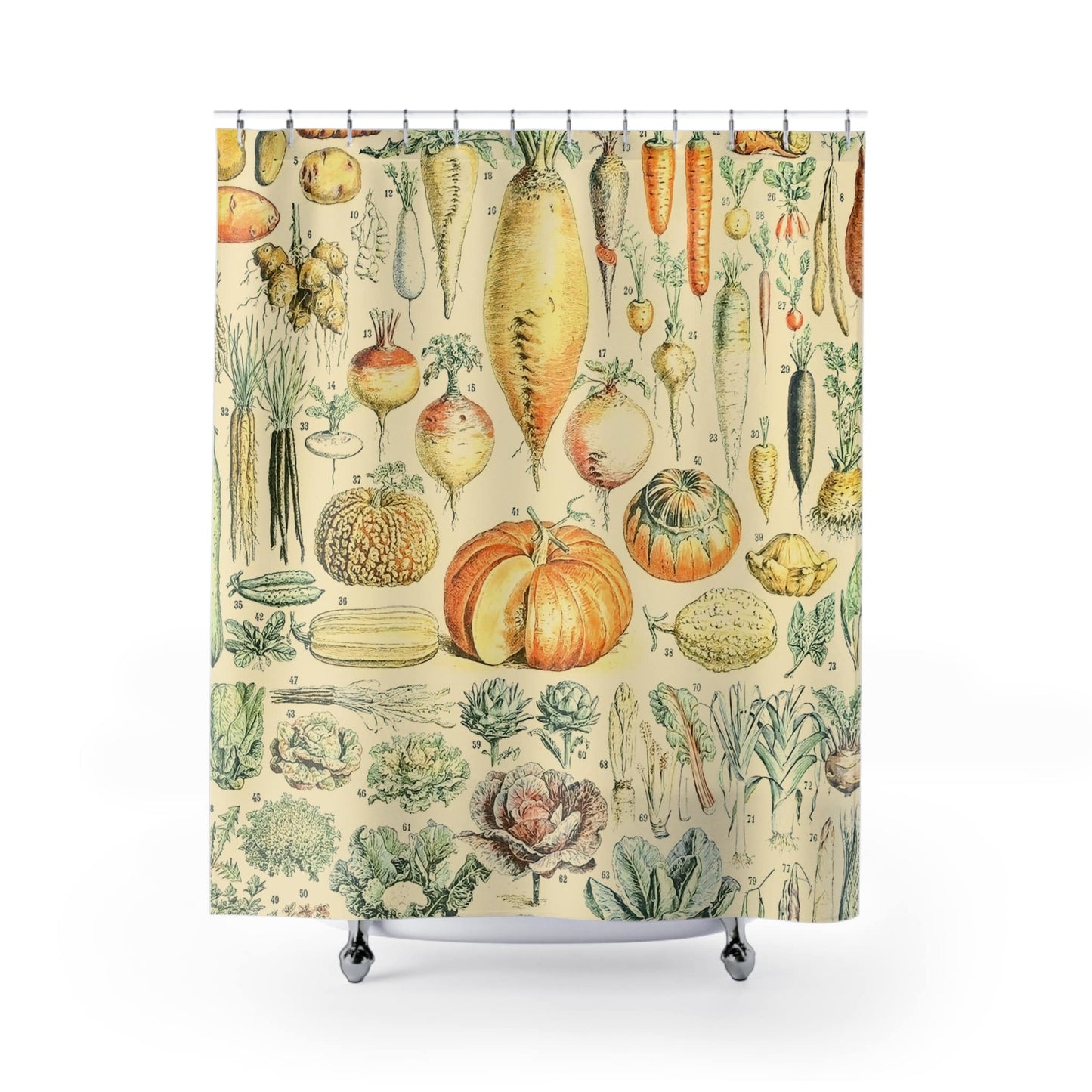 Vegetables Shower Curtain with garden variety design, botanical bathroom decor featuring various vegetable illustrations.