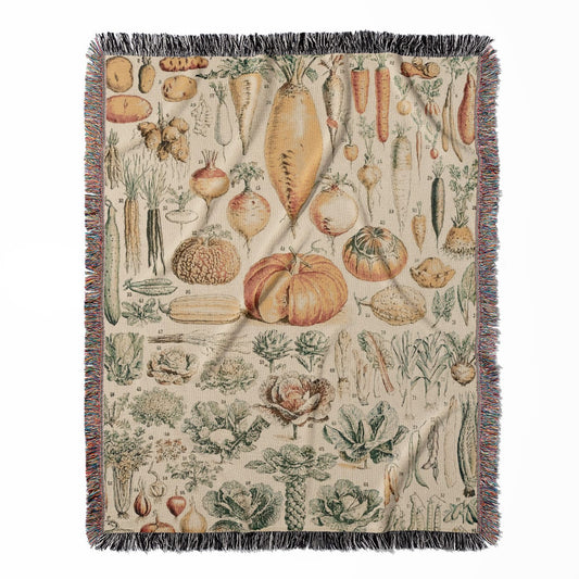 Vegetables woven throw blanket, made with 100% cotton, delivering a soft and cozy texture with a garden variety theme for home decor.