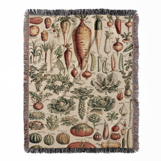 Vegetable Chart woven throw blanket, crafted from 100% cotton, offering a soft and cozy texture with a botanical design for home decor.
