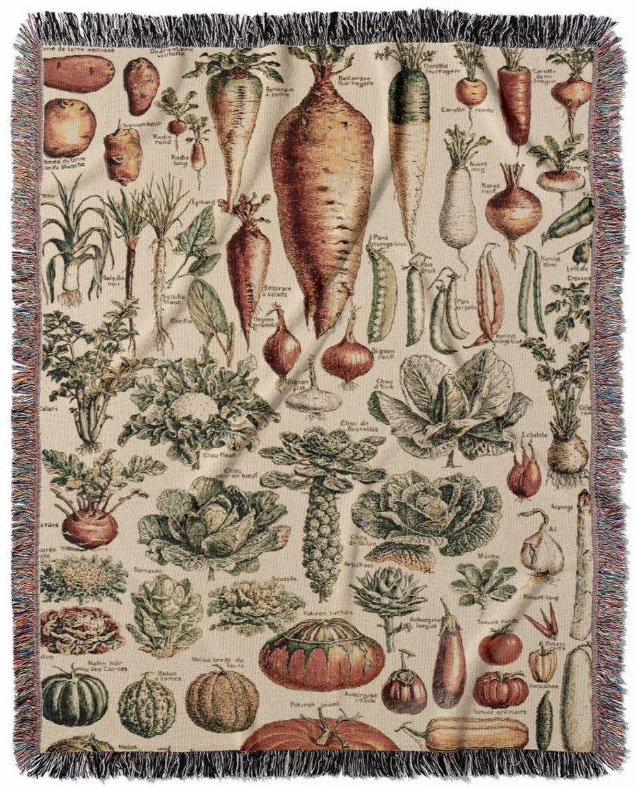 Vegetable Chart woven throw blanket, crafted from 100% cotton, offering a soft and cozy texture with a botanical design for home decor.