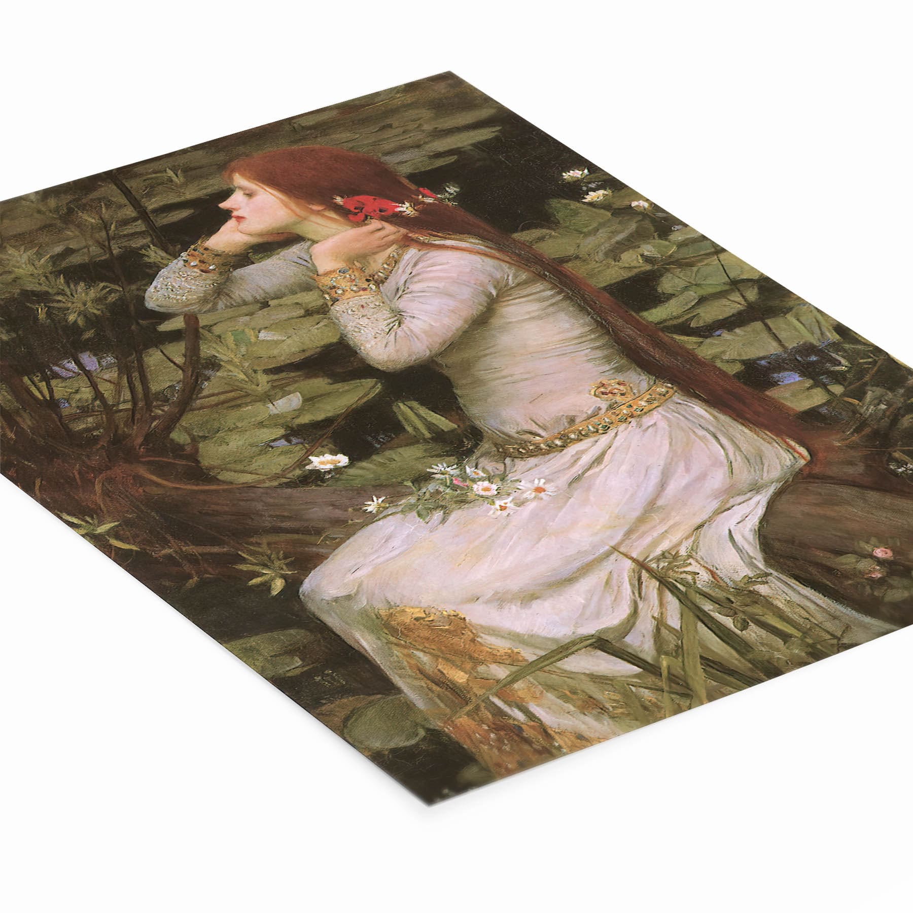 Girl with Red Hair and White Dress Painting Laying Flat on a White Background