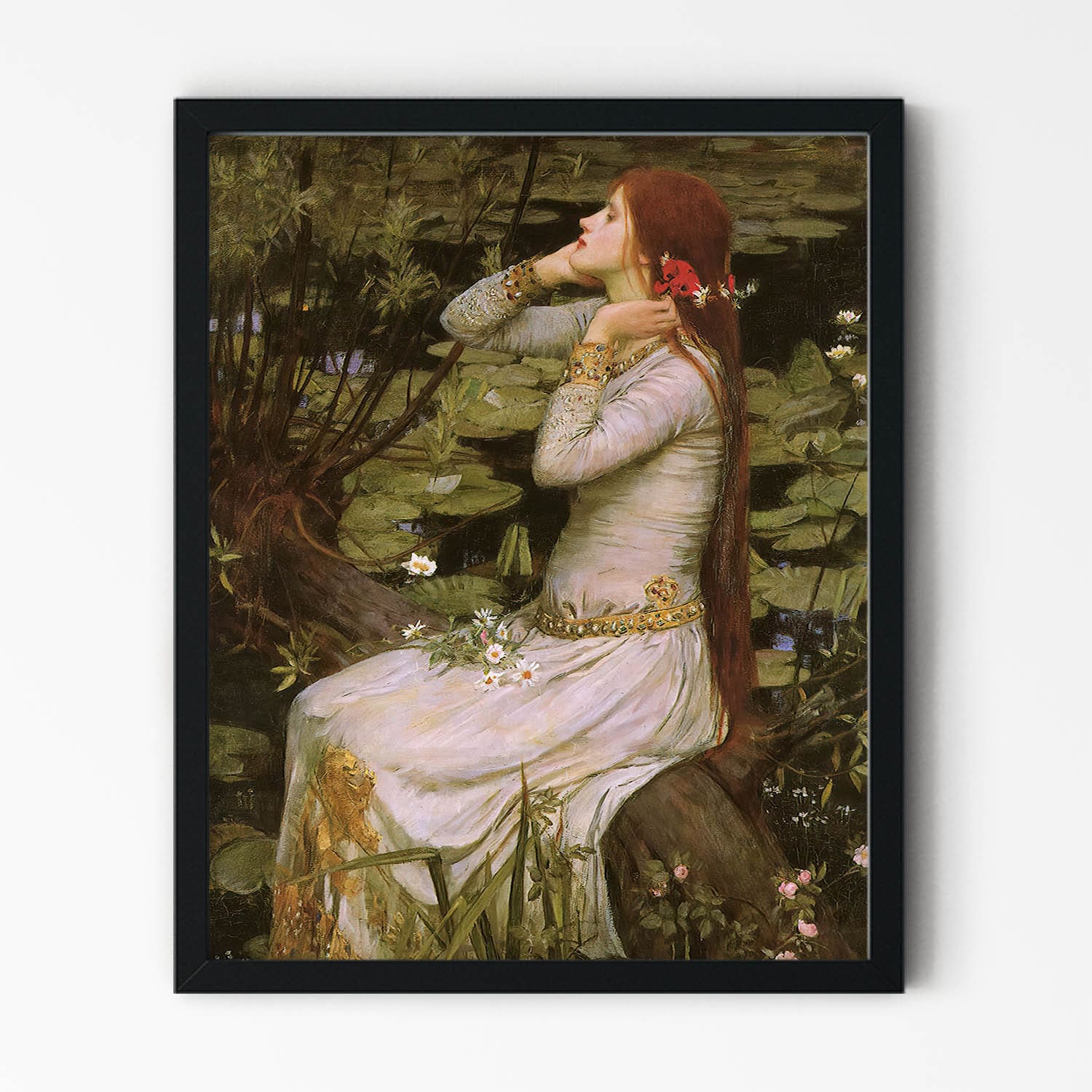 Girl with Red Hair and White Dress Painting in Black Picture Frame