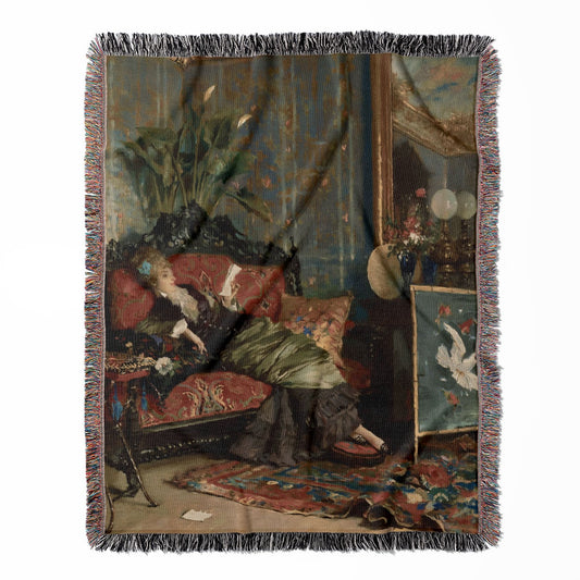 Victorian Aesthetic woven throw blanket, made with 100% cotton, providing a soft and cozy texture with a relaxing read theme for home decor.