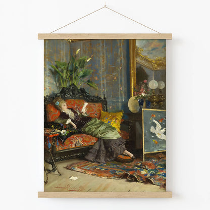 Relaxing Reading Art Print in Wood Hanger Frame on Wall