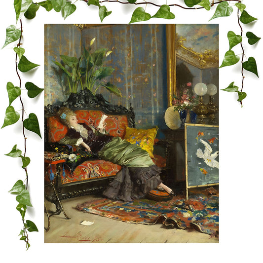 Victorian Aesthetic art prints featuring a relaxing read, vintage wall art room decor