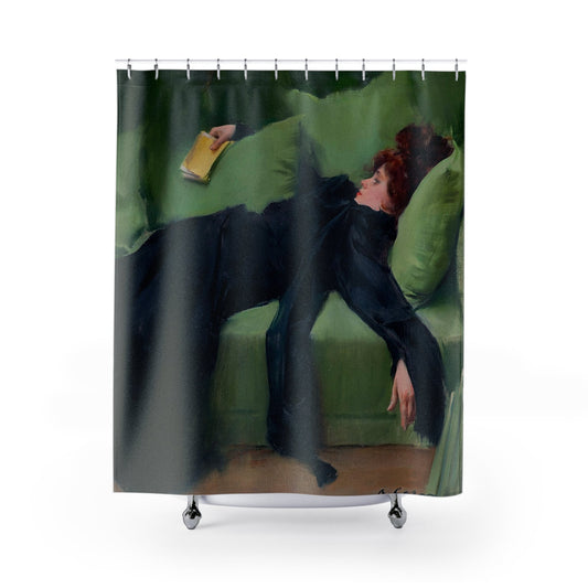 Victorian Aesthetic Shower Curtain, Victorian Shower Curtains, Gilded Age Moody Woman on a Green Couch Shower Curtain