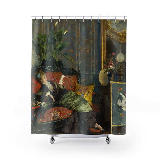 Victorian Aesthetic Shower Curtain with relaxing read design, elegant bathroom decor featuring a Victorian reading theme.