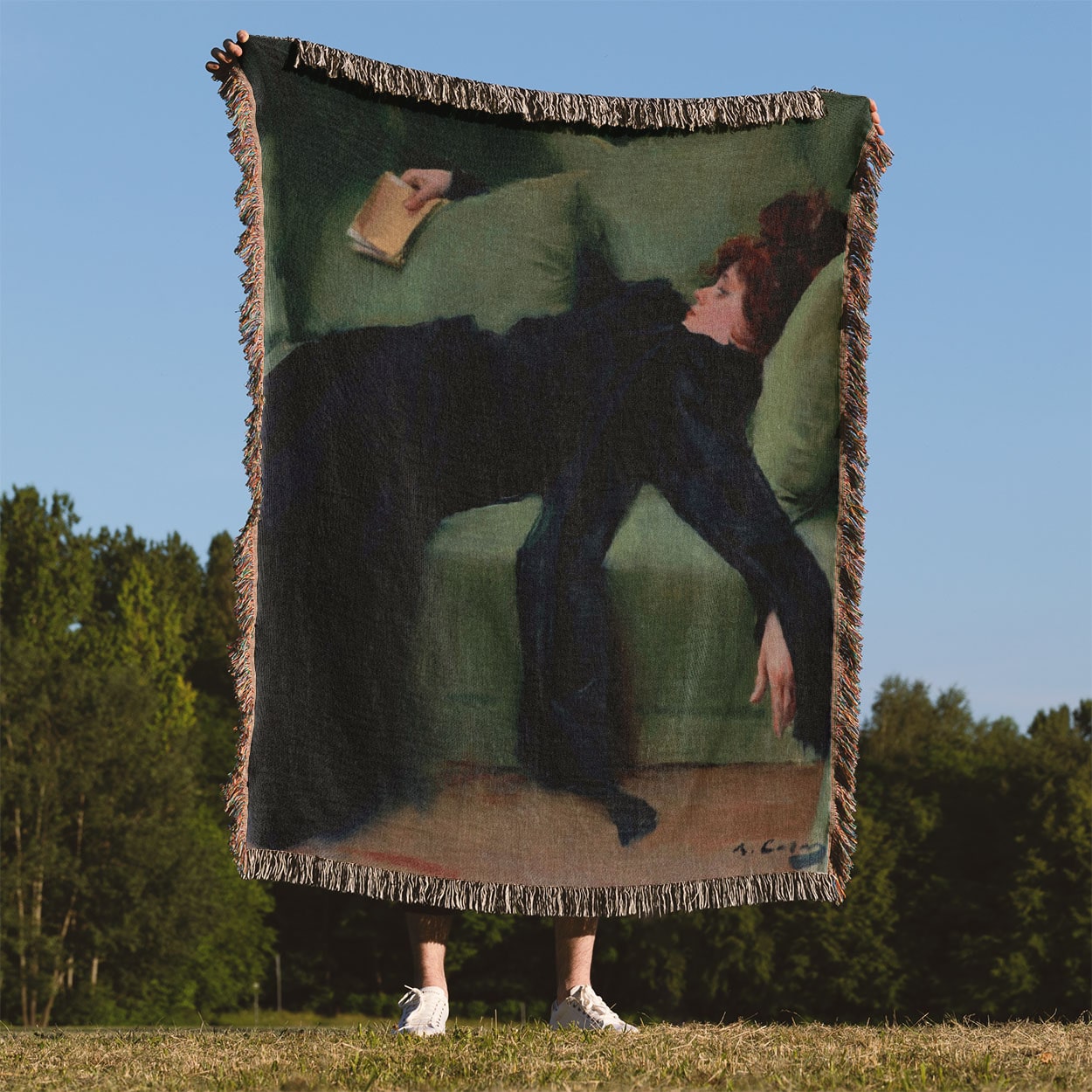 Victorian Aesthetic Woven Throw Blanket Held Up Outside