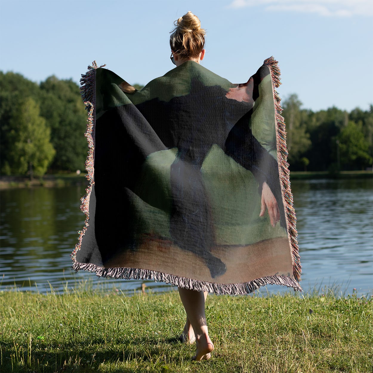 Victorian Aesthetic Woven Throw Blanket Held on a Woman's Back Outside