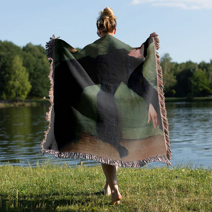 Victorian Aesthetic Woven Blanket Held on a Woman's Back Outside