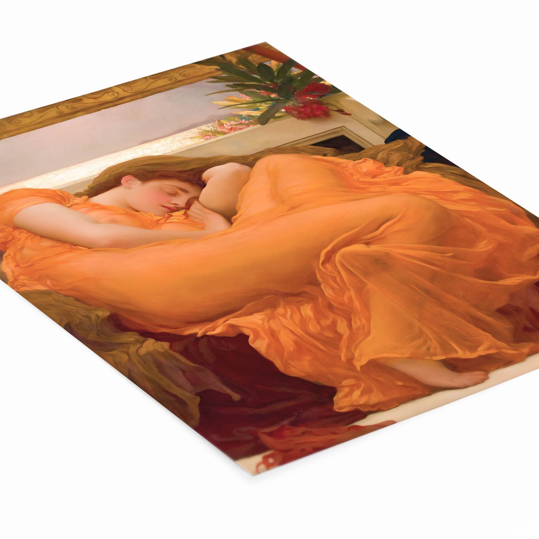 Woman Sleeping in a Bright Orange Dress Painting Laying Flat on a White Background