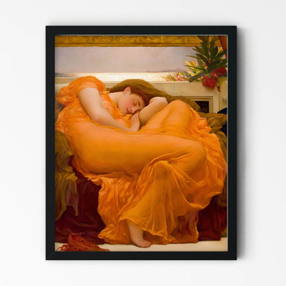 Woman Sleeping in a Bright Orange Dress Painting in Black Picture Frame